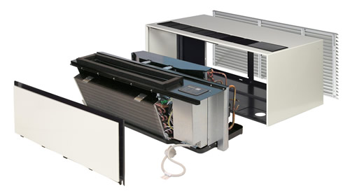 An HVAC technician holding a regular and inspecting an outdoor AC unit.